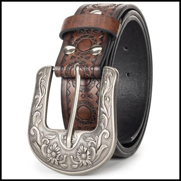 Vintage Western Belt Carved Buckle PU Leather Waist Accessory Chic Retro - Picture 5 of 7